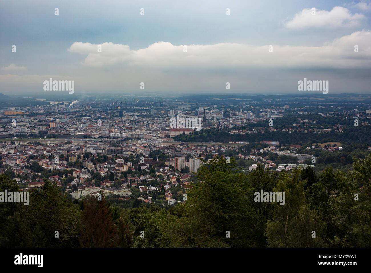 The view of the city of Linz, Austria, from the overlook point at Pöstlingberg. Stock Photo