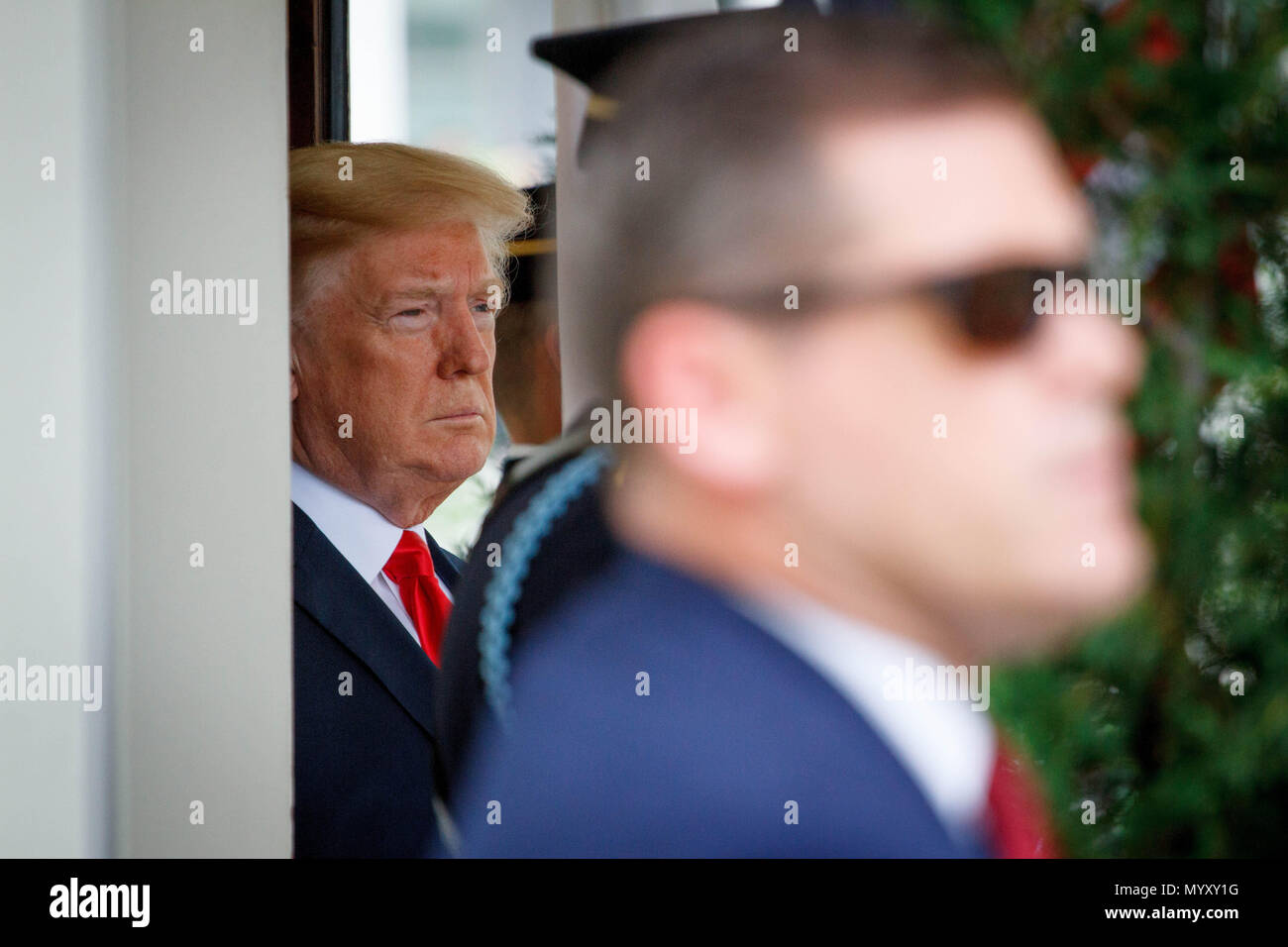 Washington, United States. 07th June, 2018. President Donald Trump waits for the arrival of Japanese Prime Minister Shinzo Abe prior to a bilateral meeting at the White House. Credit: Michael Candelori/Pacific Press/Alamy Live News Stock Photo