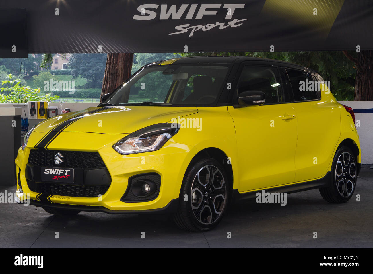 Turin, Italy. 07th June, 2018. Suzuki logo on a Suzuki Swift Sport. 2018  edition of Parco Valentino car show hosts cars by many automobile  manufacturers and car designers inside Valentino Park in