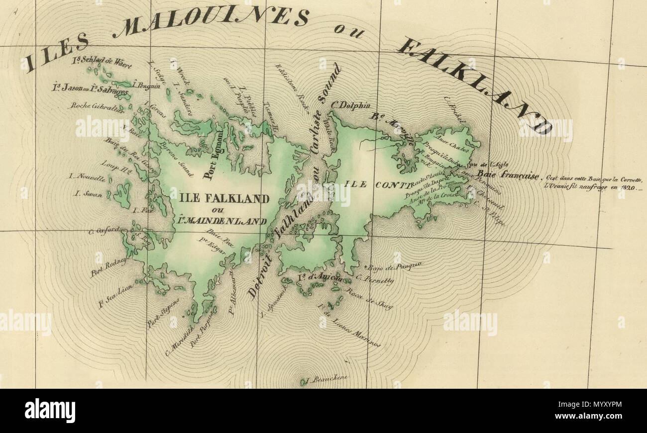 . English: A French map of the Falkland Islands from 1827. It identifies Port Egmont still, but Puerto de la Soledad has ceased to be marked. It uses an interesting mix of predominantly French and English names – often giving alternative names in the two languages. The sound is marked as Detroit Falkland or Carlisle Sound for example. It also marks the point in 1820 that the Uranus was shipwrecked off the islands. 32 Falkland-Islands-Map-1827 Stock Photo