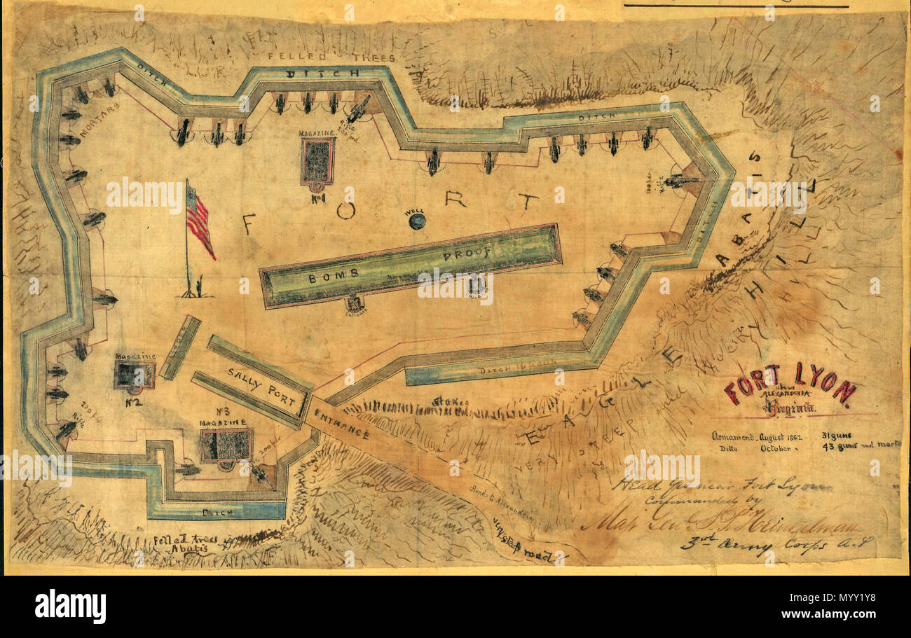 .  English: The map by Sneden, Robert Knox, 1832-1918, is a close up drawing of Fort Lyon located on Eagle Hill in Alexandria, Virginia. Shows the fort's defenses, including abatis, ditches, salients, sally port, and bomb proof.  . 1862 34 Fort Lyon Diagram Stock Photo