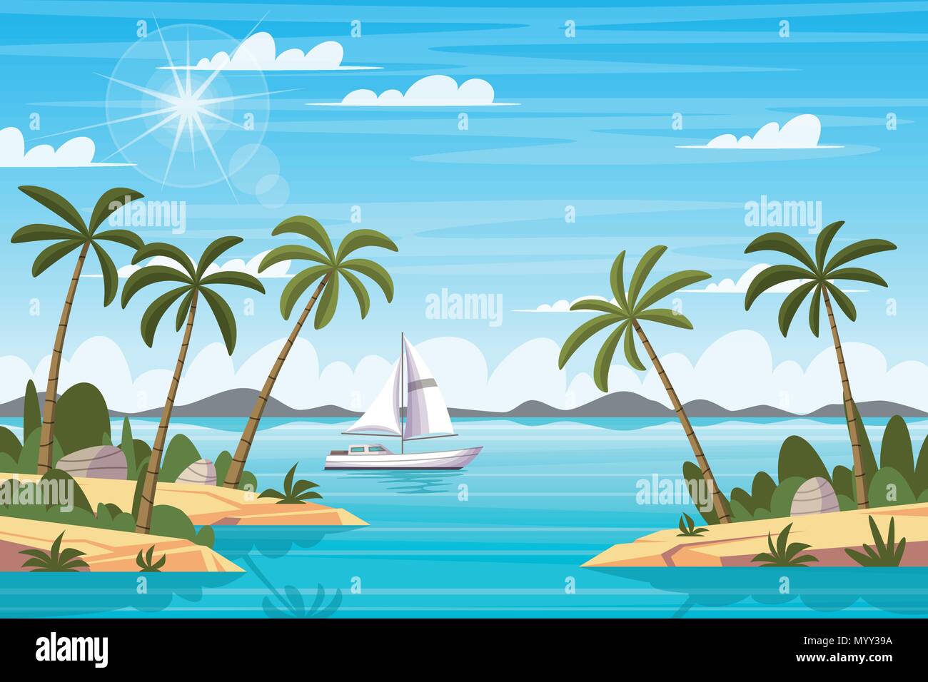 Tropical landscape with boat and palm trees Stock Vector