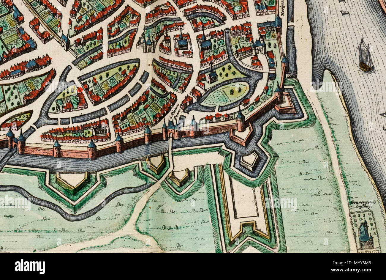 . English: Maastricht, the Netherlands. Detail of a map of Maastricht from the Atlas van Blaeu (1652) showing the Jekerkwartier area around Sint-Pieterspoort. Bottom left: watergate De Reek. Bottom right: La Motterie, home of the governor of Maastricht.  . 1649.   Joan Blaeu  (1596–1673)     Alternative names Johannes Blaeu; John Wiliamson Blaeu; Johannes Willemszoon Blaeu  Description Dutch cartographer and publisher  Date of birth/death 23 September 1596 21 December 1673  Location of birth/death Alkmaar Amsterdam  Work location Amsterdam; Vienna  Authority control  : Q379677 VIAF:?41887929 I Stock Photo
