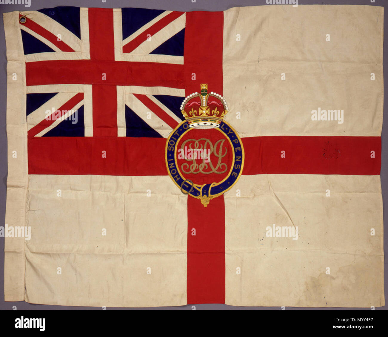 English King S Colour The King S Colour Of The Royal Indian Navy A Machine Sewn Silk White Ensign With An Embroidered Garter Badge In The Centre Inscribed Honi Soit Q Ui Ma L