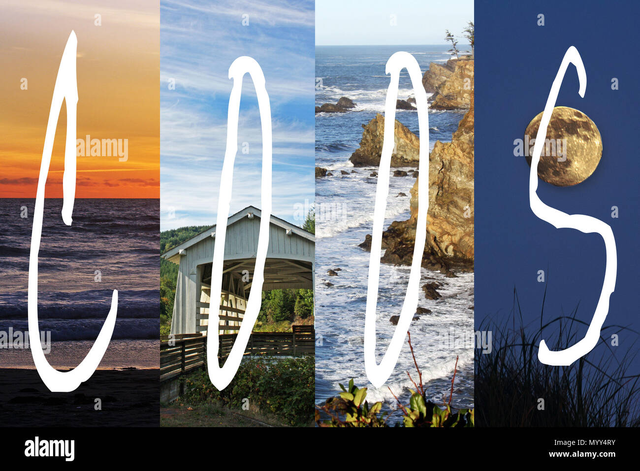 Coos Bay Oregon.  Thees has four different photos: Sunset, moonlight, oceans, cover bridges with the letters C O O S for Coos Bay on it. Stock Photo