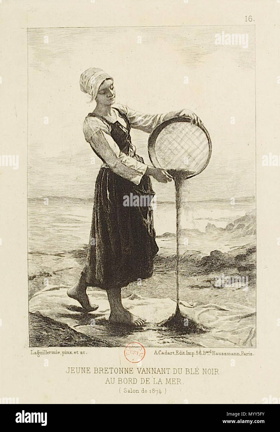 . English: Jeune bretonne vannant du blé noir au bord de la mer. Salon de 1874, etching published in L' Eau-forte en 1875, Paris, Cadart. 62 Laguillermie Jeune bretonne Stock Photo