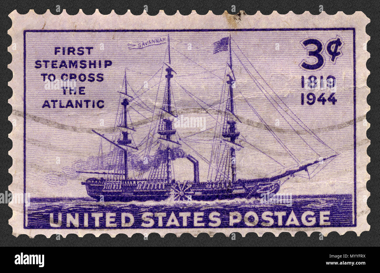 S.S. Savannah: First Steamship to Cross the Atlantic Postage Stamp First steamship to cross the Atlantic. 1944 commemorative issue shows the Savannah. Stock Photo