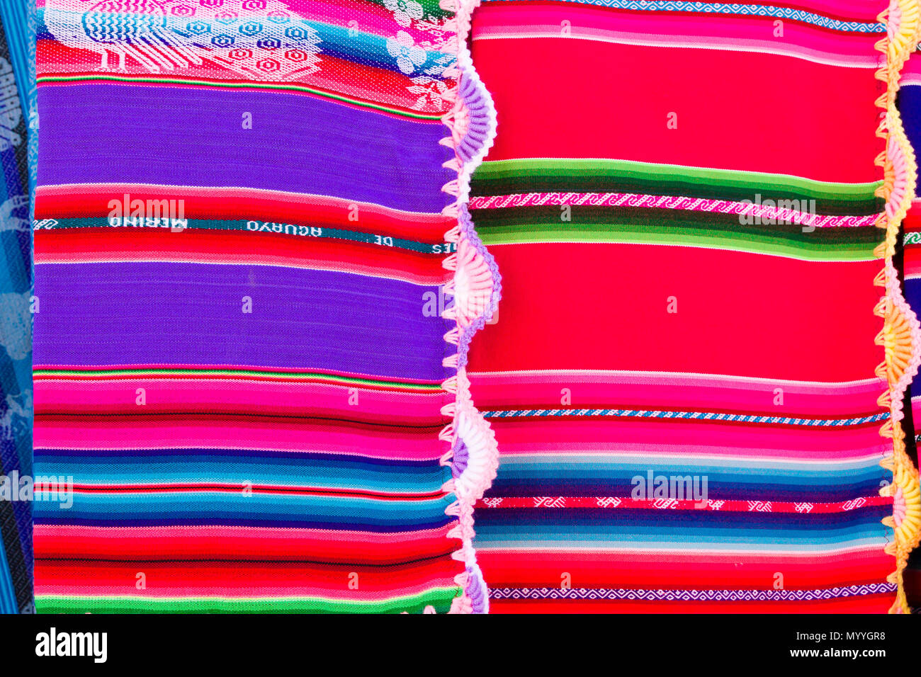 Tarabuco traditional market view, Bolivia. Colorful blankets background