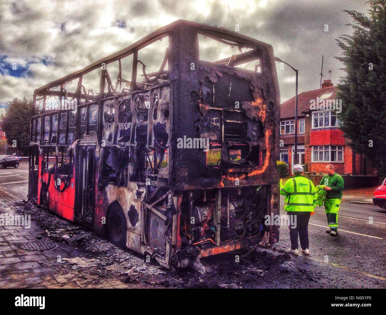 London, UK. 21st Mar, 2015. Burnt out bus in Forest Hill road,London