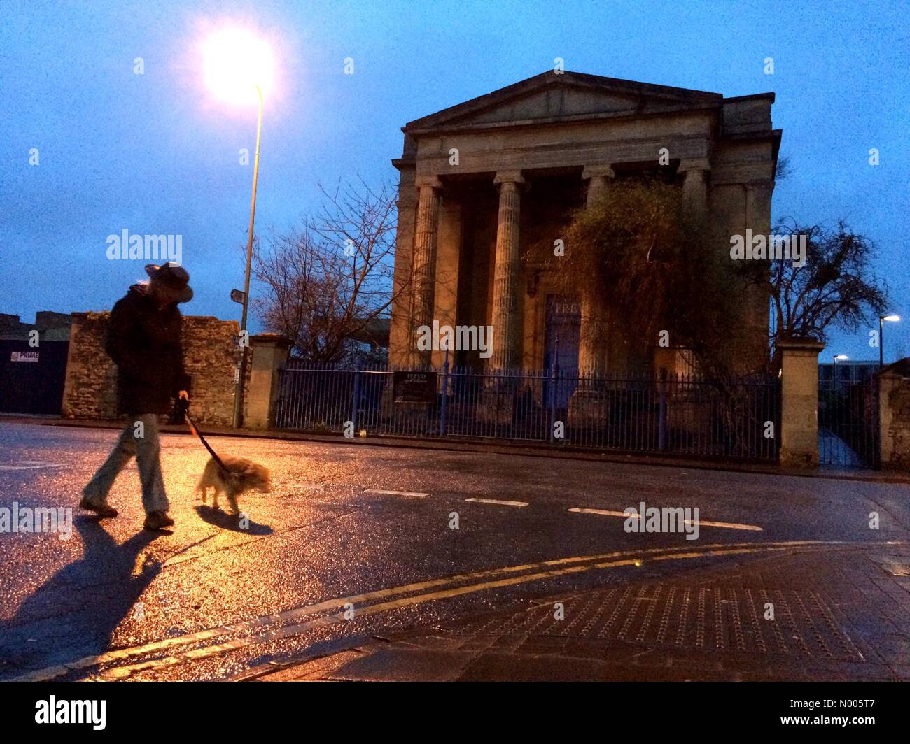 Great Clarendon St, Oxford, Oxfordshire, UK. 22nd Jan, 2016. UK Weather: The ice from earlier this week has disappeared. Warmer temperatures bring rain to Oxford continuing a very wet winter. A dog gets walked, despite the wetness, past Freud's on Walton St. Credit:  Sidney Bruere/StockimoNews/Alamy Live News Stock Photo