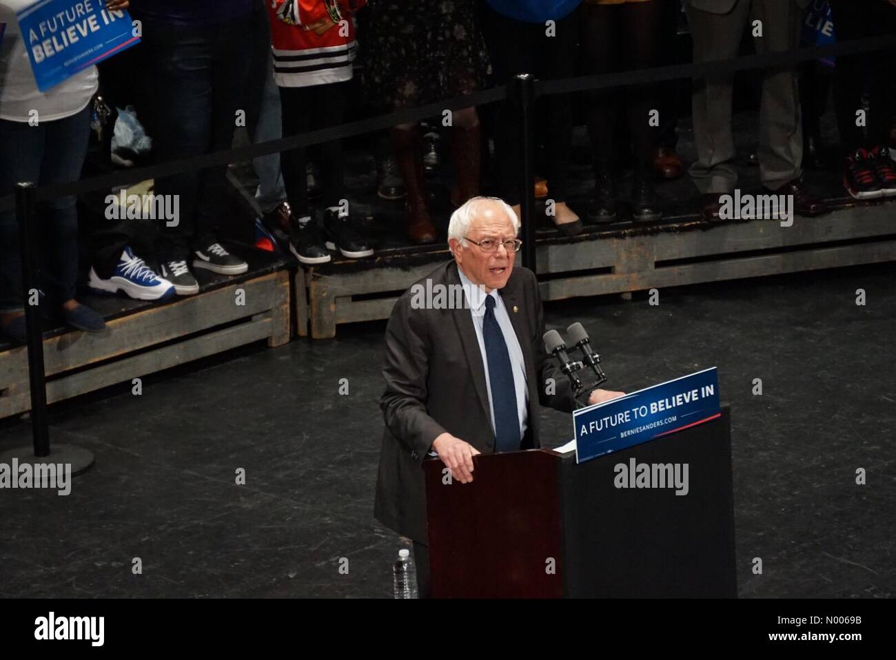 Bernie Sanders giving his speech at tonight's rally at Roosevelt University in Chicago Illinois Stock Photo