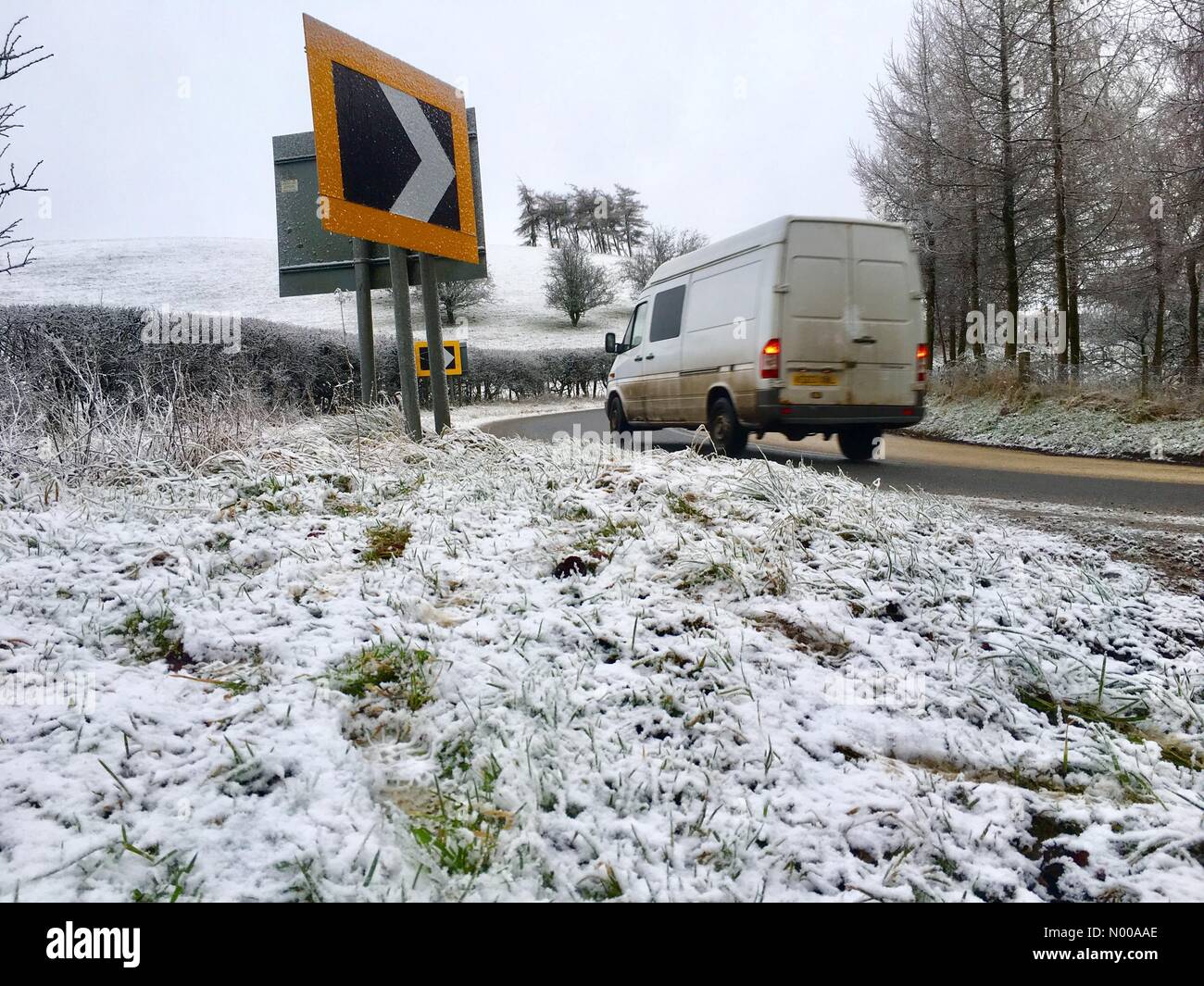 UK Weather Snow on the A44 road in the Cambrian mountains of Mid Wales