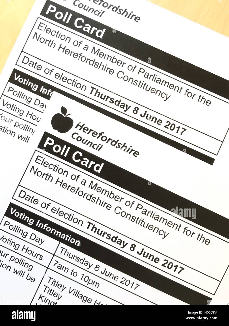 UK Election  -  Poll Cards arrive in Herefordshire today for voters to vote for their local candidates in the General Election on 8th June 2017. Stock Photo