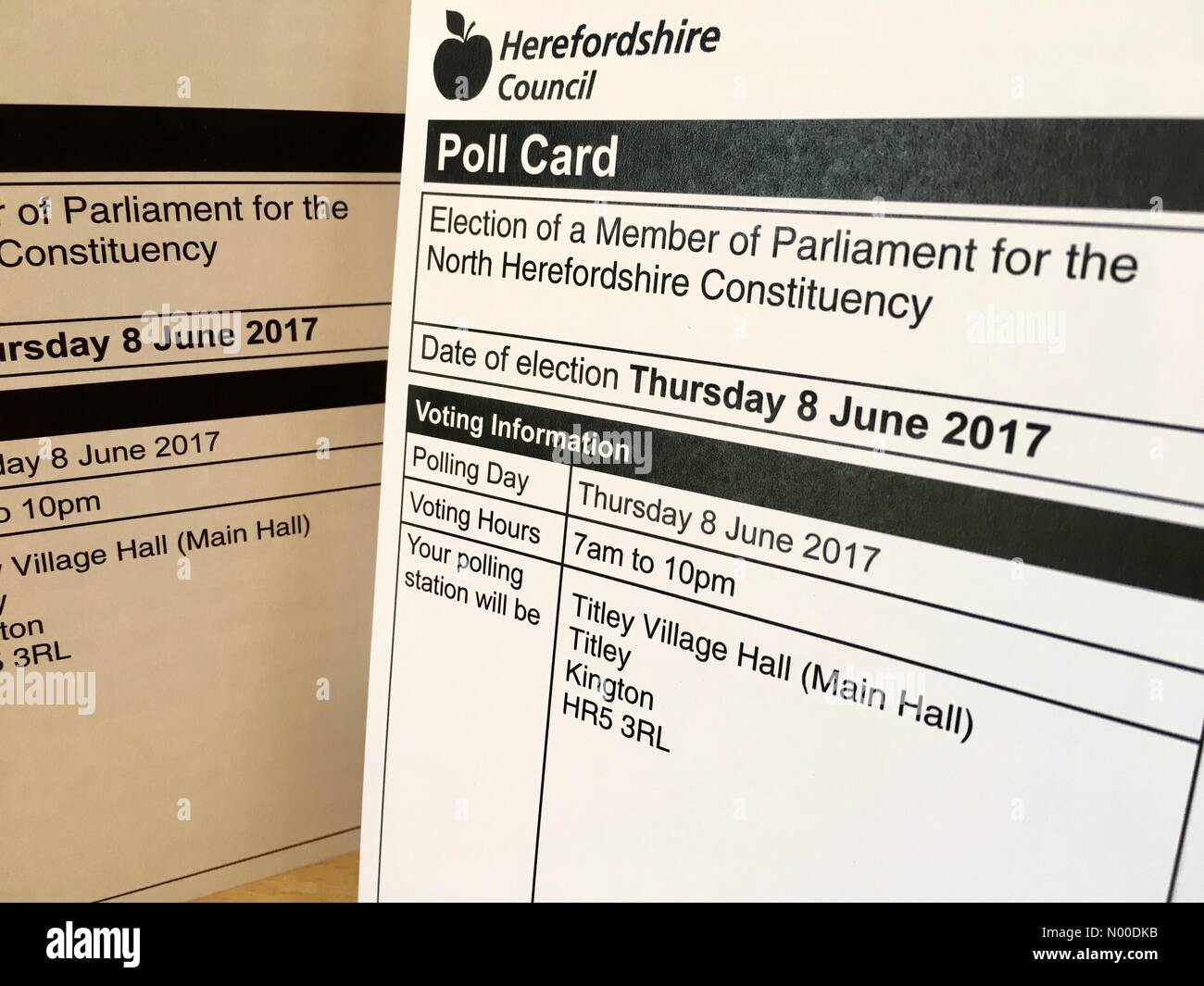 UK Election - Poll Cards arrive for voters in Herefordshire ahead of the General Election on 8th June 2017. Stock Photo