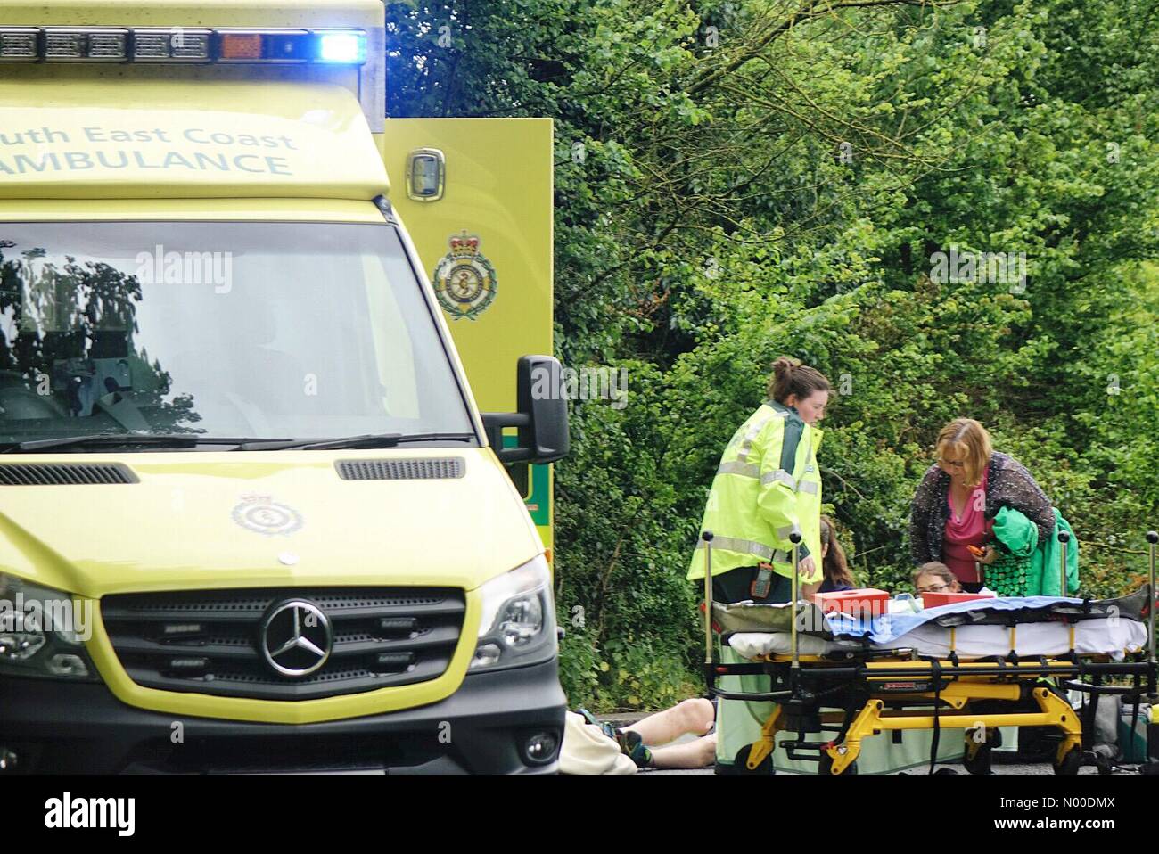 Down Ln, Guildford, UK. 12th May, 2017. Road traffic accident, Compton