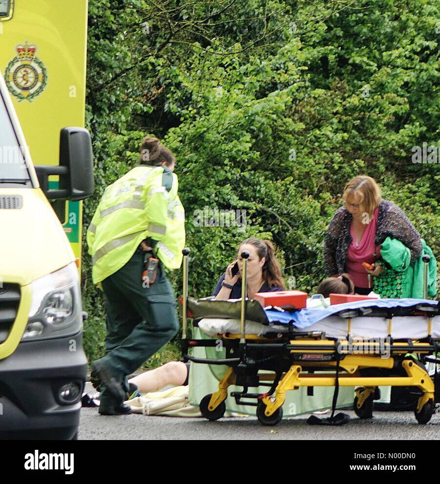 Down Ln, Guildford, UK. 12th May, 2017. Road traffic accident, Compton