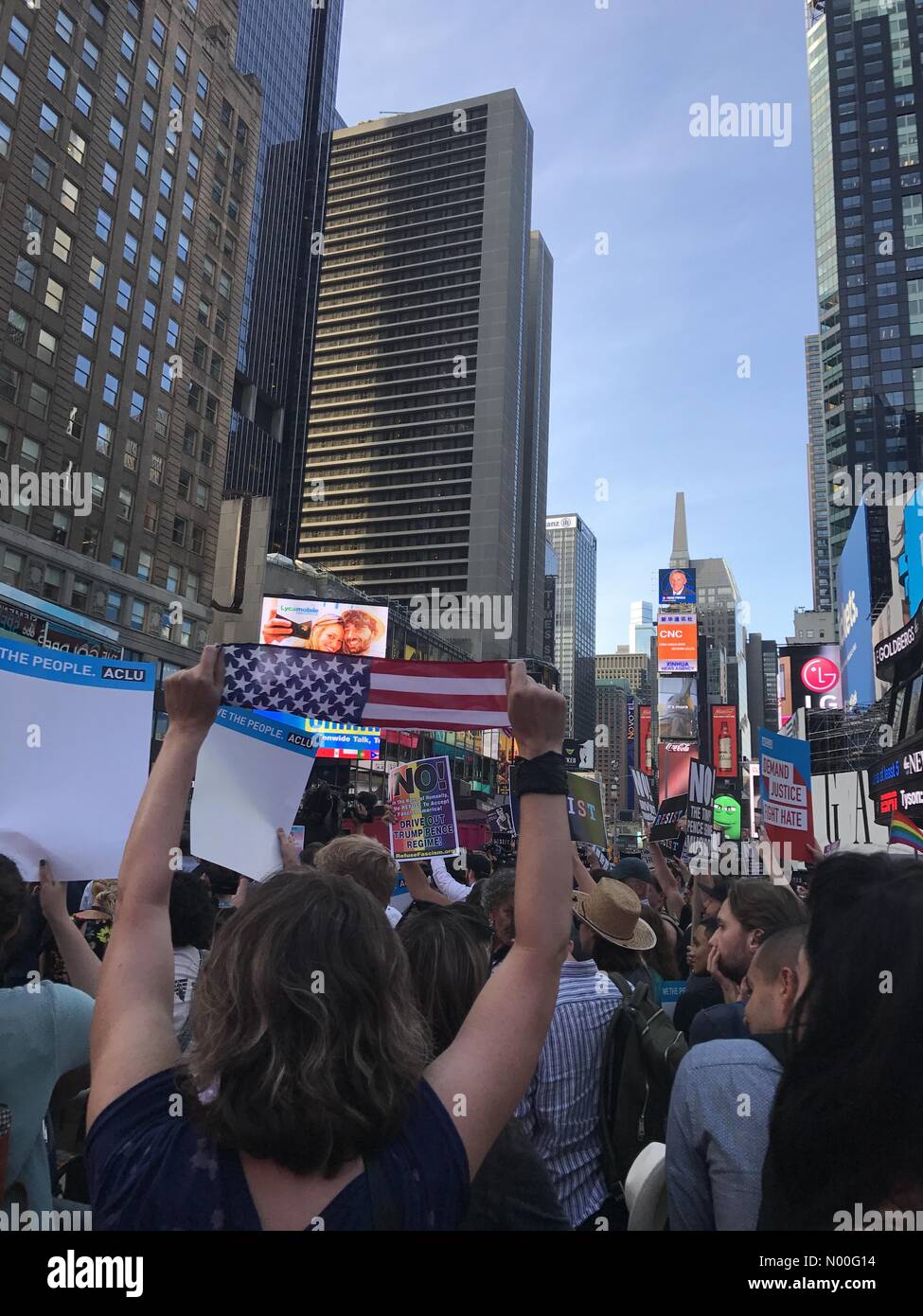 W 43rd St, New York, New York, USA. 26th July, 2017. Today 07/26/12017, Protesters in Times Square denounce Trump’s transgender military ban Credit: Ryan Rahman/StockimoNews/Alamy Live News Stock Photo