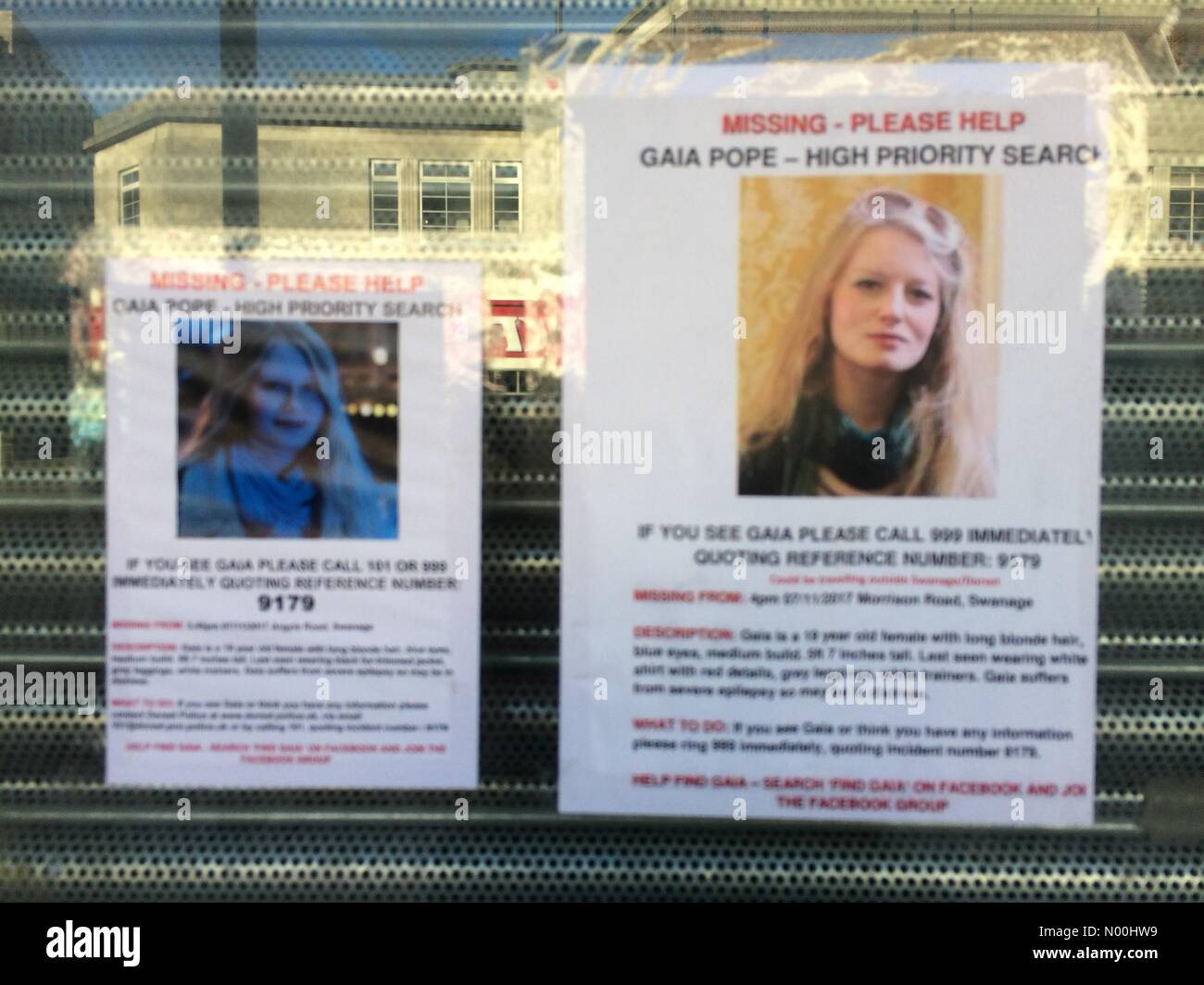 Southampton, UK. 17th Nov, 2017. Missing girl/teenager Gaia Pope appeal poster/leaflet appealing for information in Southampton shop glass Credit: Paulo/StockimoNews/Alamy Live News Stock Photo