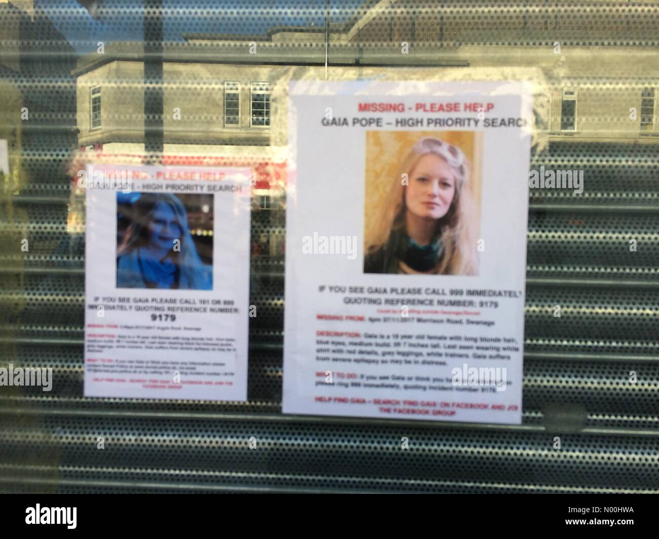 Southampton, UK. 17th Nov, 2017. Posters appealing for information about Gaia Pope, in glass window of Southampton shop. Credit: Paulo/StockimoNews/Alamy Live News Stock Photo
