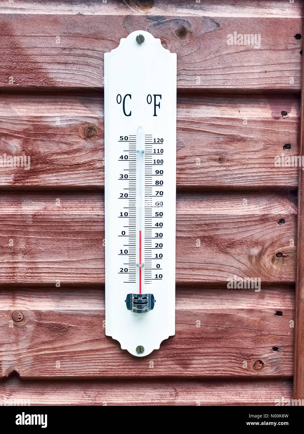 An outdoor thermometer hanging on the wall of a wooden garden shed