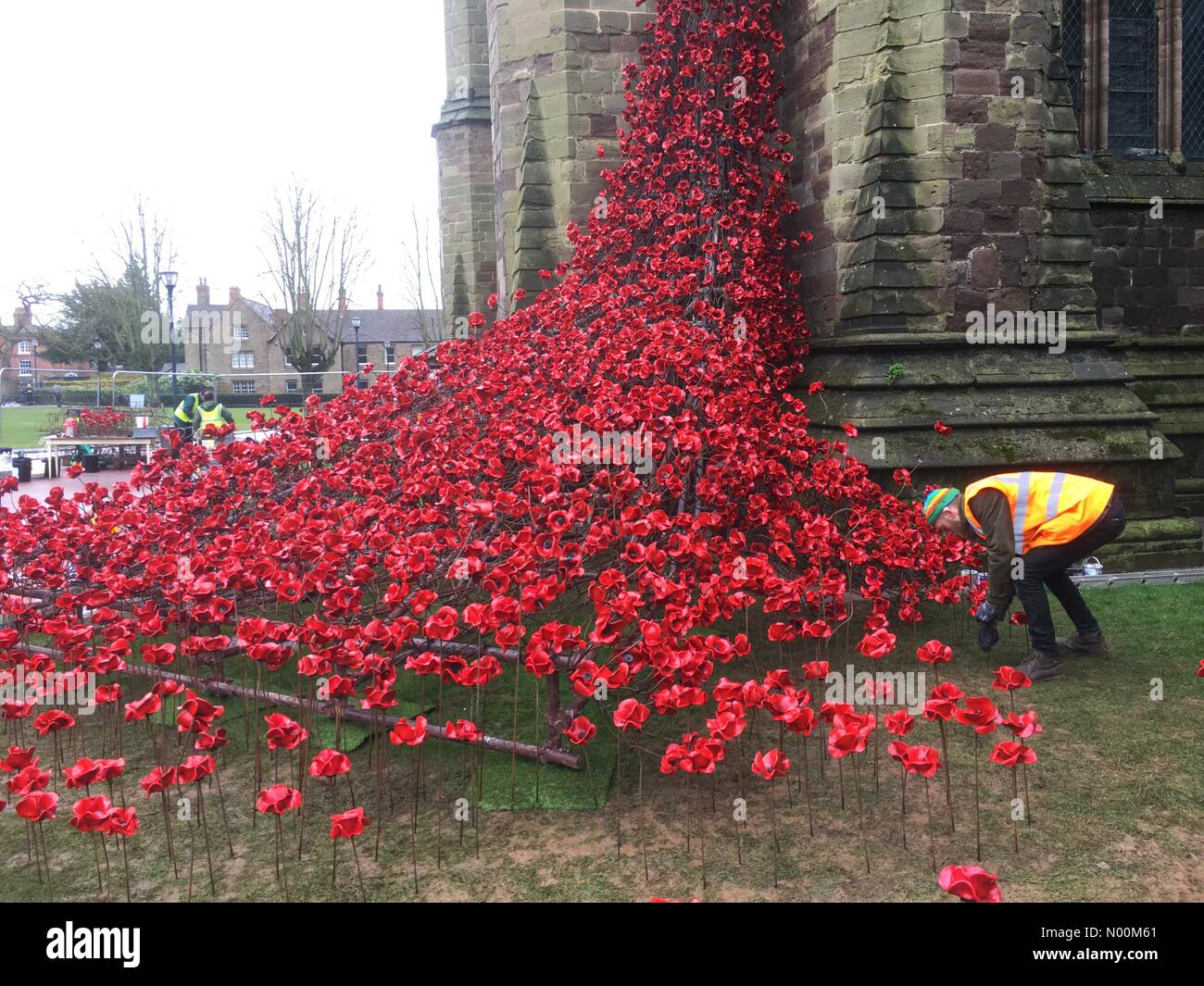 Weeping Window installation Hereford Cathedral - Hereford UK Saturday 10th March 2018 workers add ceramic poppies to the WW1 Weeping Window art installation which opens next week. Stock Photo