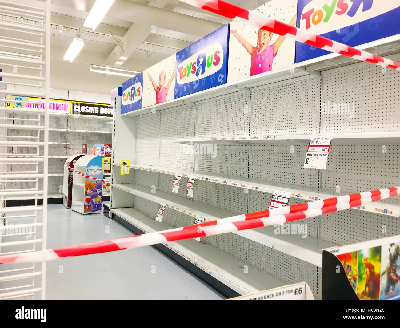 London, UK. 03rd Apr, 2018. Empty shelves at a Toys R Us store in Colliers Wood, south west
