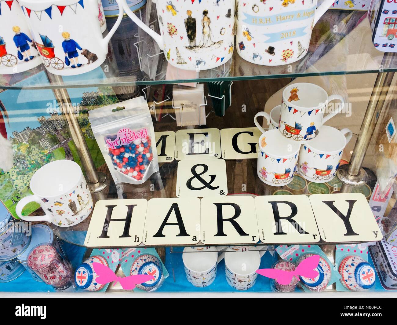 Richmond Upon Thames UK, 12th May 2018. A window display of Royal Wedding keepsakes and novelty items for sale including mugs, tea, biscuits, tote bags and cupcake liners. Credit: Lisa Werner/StockimoNews/Alamy Live News Stock Photo