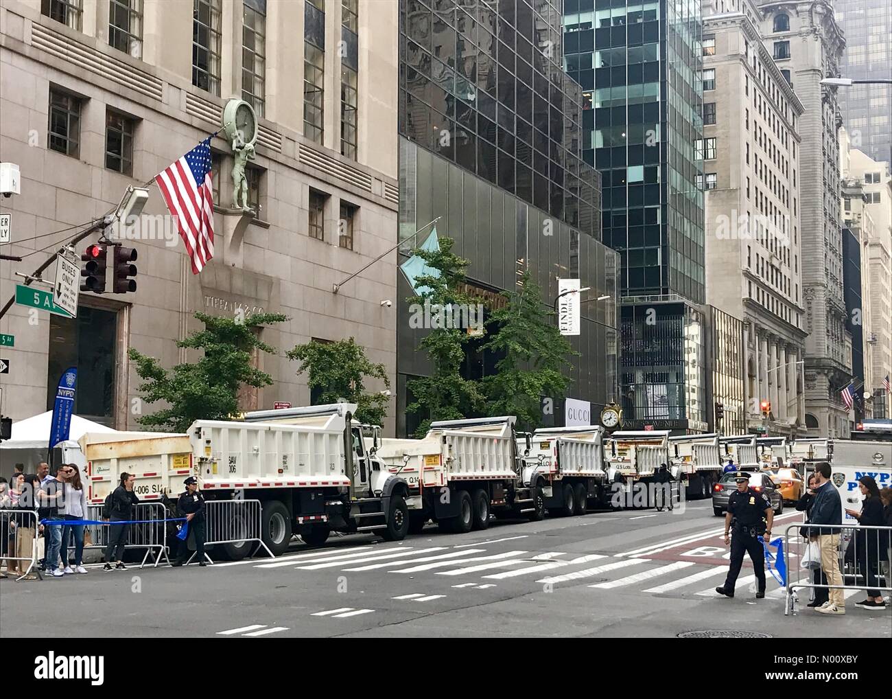 Trucks full of sand in front of Trump Tower during President Trump's visit  to New York City and the united nations amid high security Stock Photo -  Alamy