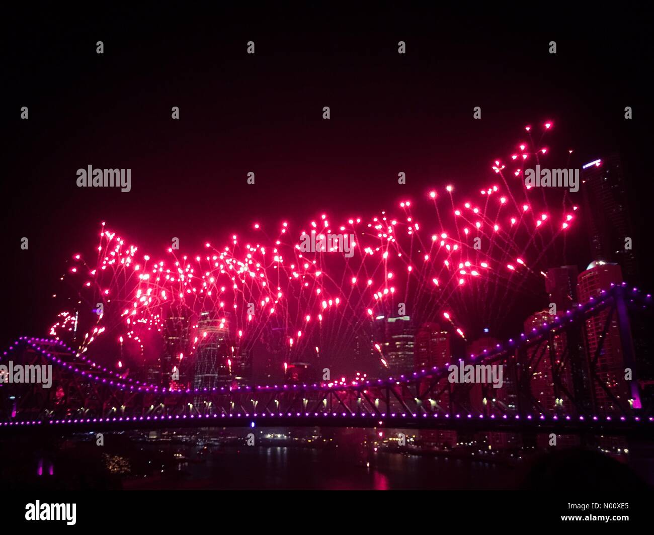 Brisbane, Australia. 29th September 2018. Fireworks Shooting Off Story Bridge During Brisbane Riverfire 2018. Taken September 29, 2018 at Wilsons Outlook. Credit: KHernandez/StockimoNews/Alamy Live News Stock Photo
