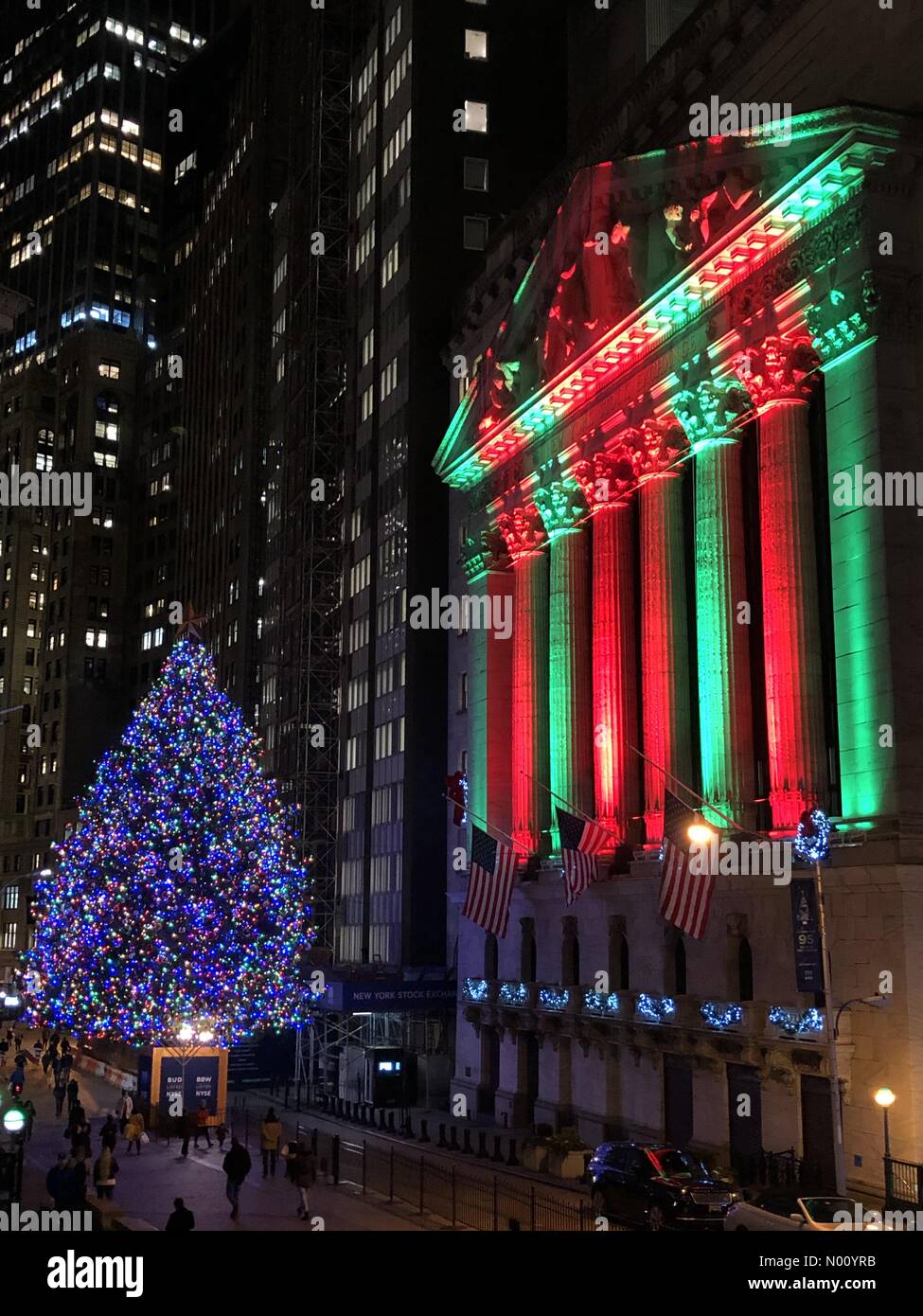 New York, USA. 3rd Dec 2018. NYSE, Christmas colours with Christmas tree in New York City New York Credit: laurie allread/StockimoNews/Alamy Live News Stock Photo