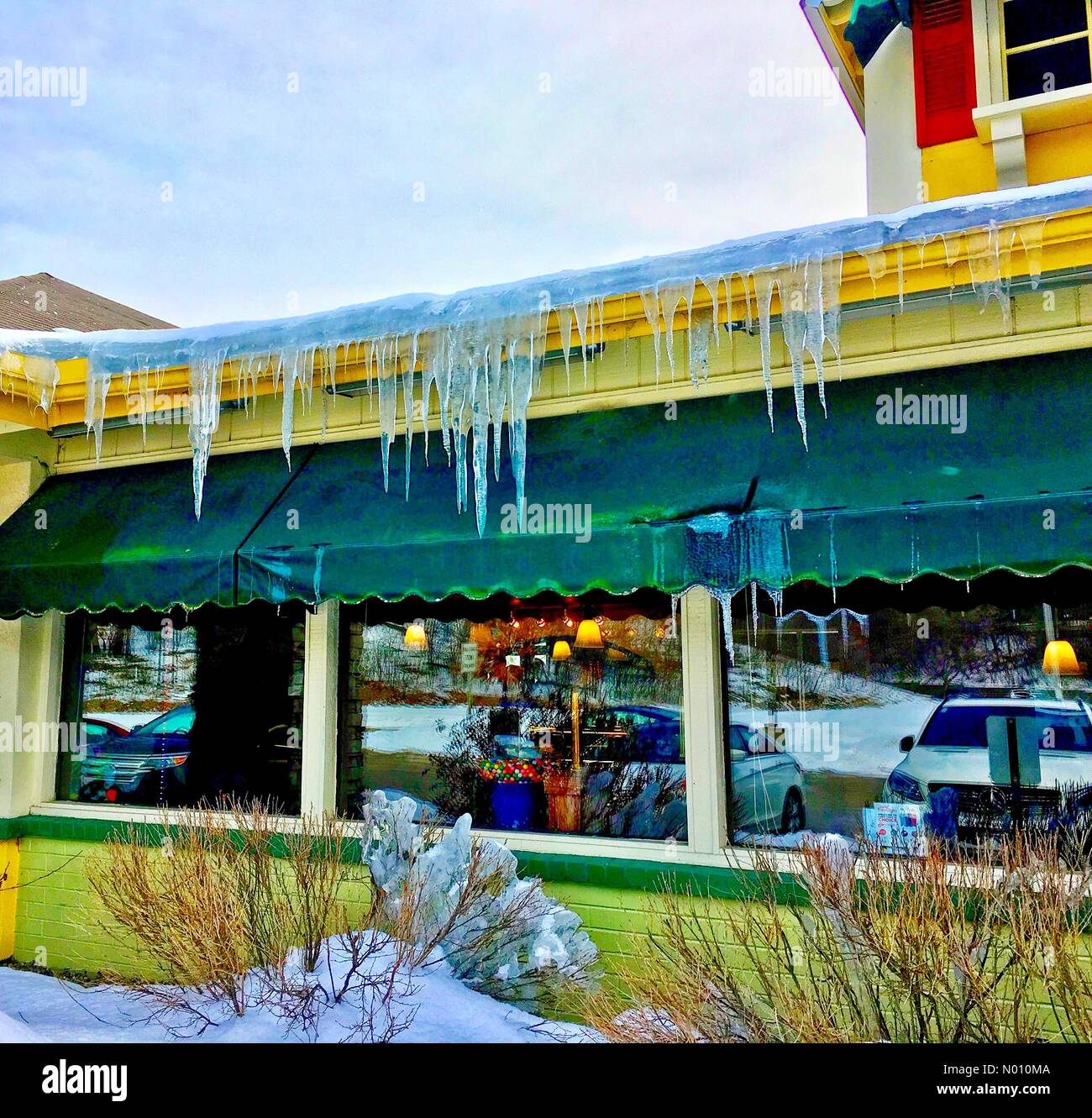 Wisconsin, USA. 2nd March, 2019. Frigid Weather Continues into March in Wisconsin, 2nd March 2018, Delafield, WI, USA, snow and huge icicles dominate the landscape as freezing temperatures refuse to relent, DianaJ/StockimoNews/Alamy Credit: Diana J./StockimoNews/Alamy Live News Stock Photo