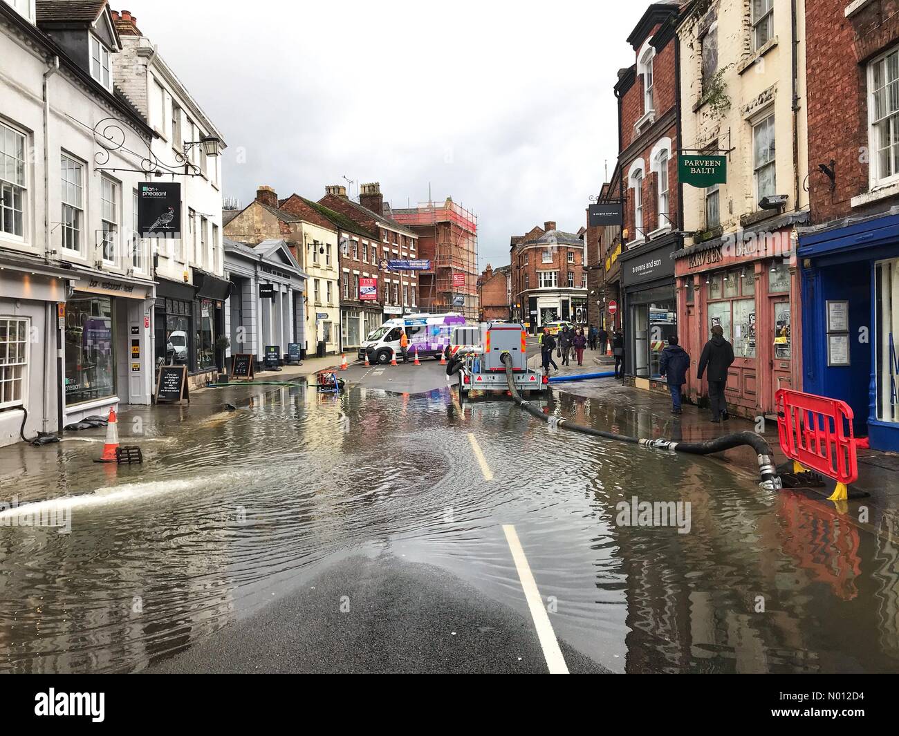 UK Weather Flooding in Shrewsbury - Tuesday 25th February 2020. Flooding and water pumps in Shrewsbury city centre as the River Severn reaches new heights. Photo Steven May/Alamy Live News Credit: Steven May/StockimoNews/Alamy Live News Stock Photo
