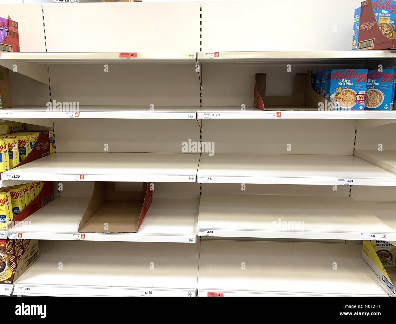 Kelso, Scotland, UK. 18th March 2020. Shelves of cereal empty at a