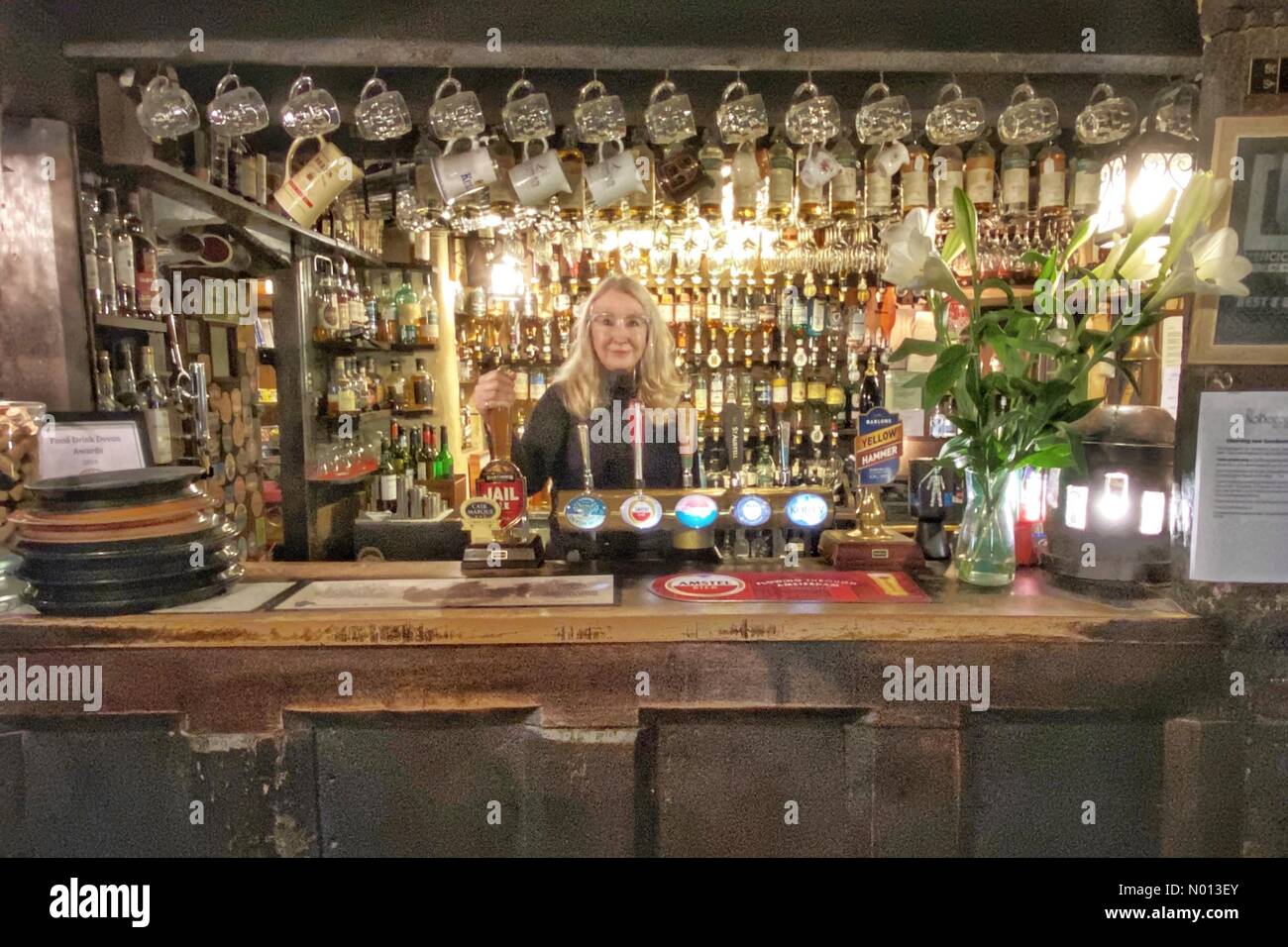 Doddiscombsleigh, Devon, UK. 8th October, 2020. With the impending likelihood of Nobody being allowed in again, owner and innkeeper Susan Burdge stands in her World Famous pub ‘The Nobody Inn’ in Doddiscombsleigh, Devon. With Covid 19 cases increasing across the UK, Ms Burdge echoed industry fears for the future of pubs amid talks of a second lockdown. For full quotes please feel free to contact Sue on 01647 252394.Credit: nidpor/StockimoNews/Alamy Live News Stock Photo