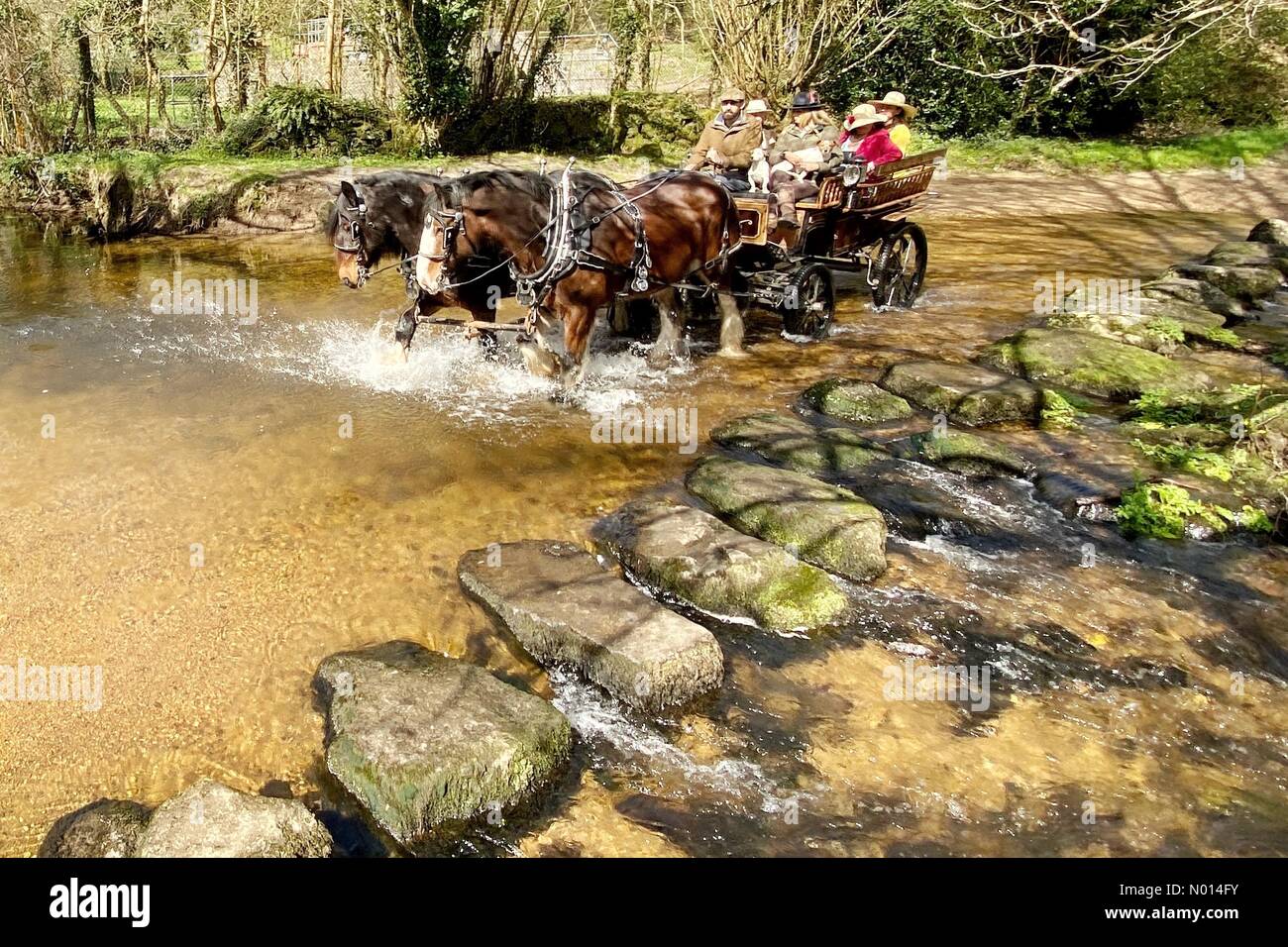 Dartmoor, Devon. 2nd Apr 2021. UK Weather Heavy horse drawn carriage