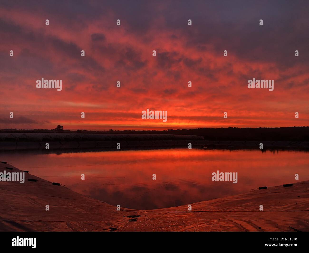 UK Weather: Sunrise over Godalming. Tuesley Farm, Godalming. 18th October 2021. A beautiful start to the day for the Home Counties. Sunrise over Tuesley Farm in Godalming, Surrey. Credit: jamesjagger/StockimoNews/Alamy Live News Stock Photo