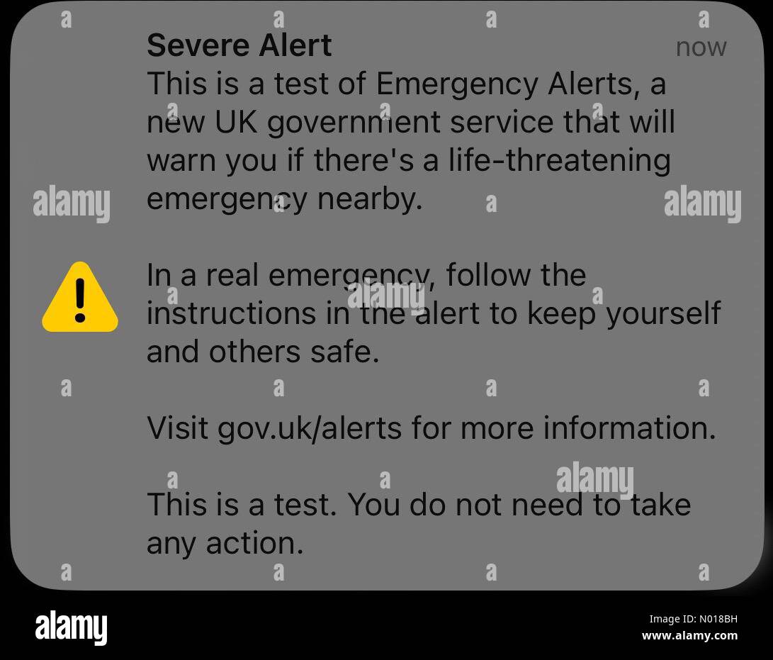 Devon, UK. 22nd April, 2023. Government alert test warning Credit