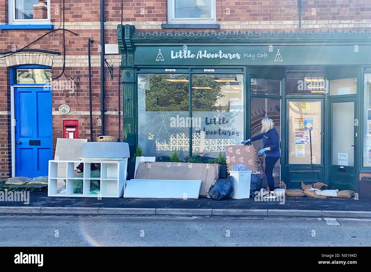 Scene after heavy floods in Kenton, near Exeter, Devon, UK. Furniture