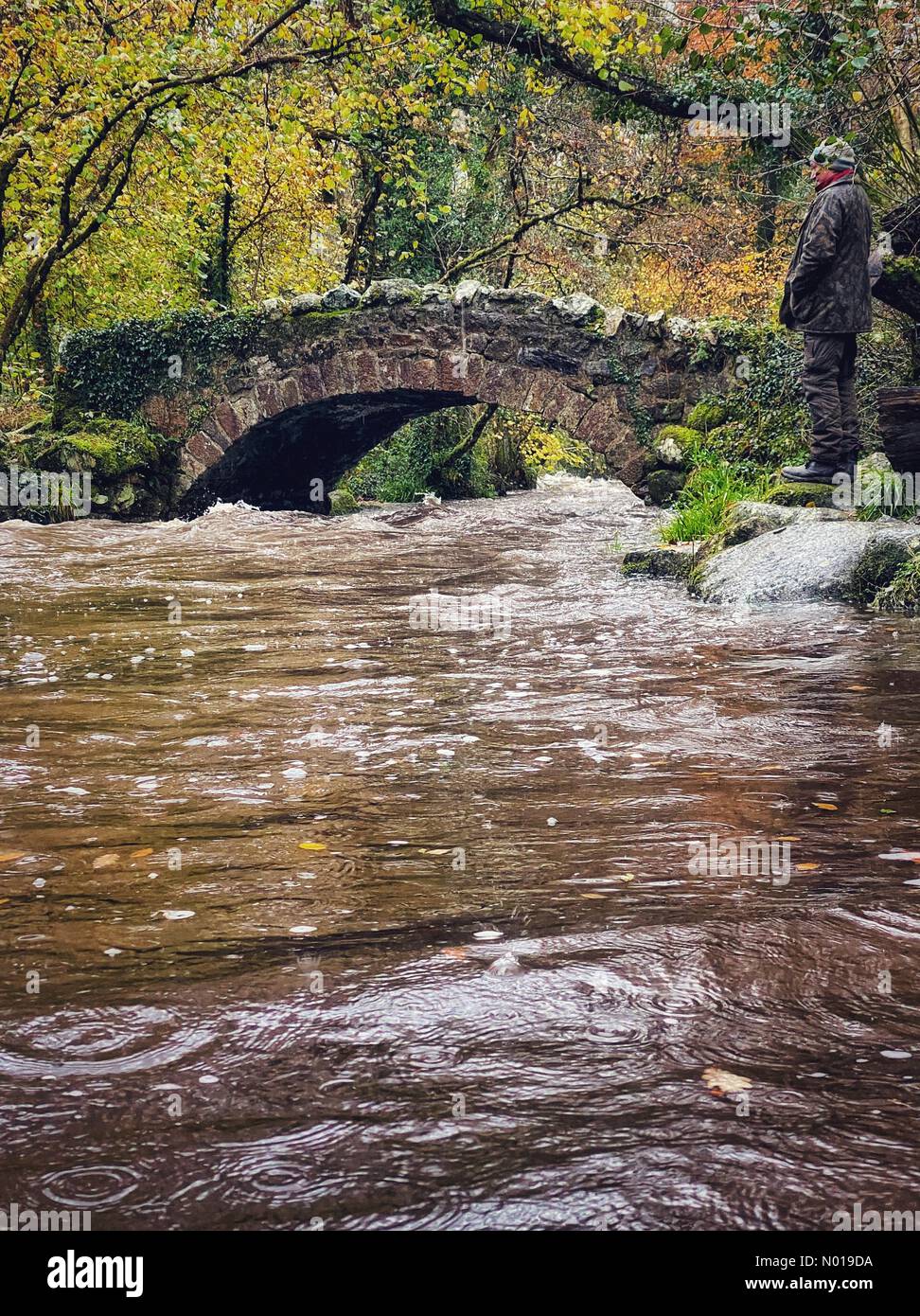 UK Weather: Heavy rain River Bovey in High water at ancient Hisley Bridge on Dartmoor, Devon, UK. Pictured: Barry Green surveys the scene. 16 November, 2023. Credit nidpor Credit: nidpor/StockimoNews/Alamy Live News Stock Photo