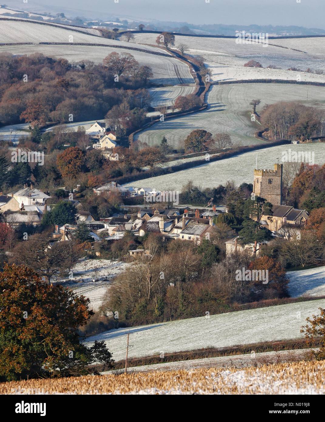 UK Weather Crisp frozen Dartmoor village of Dunsford, Devon, UK. 1