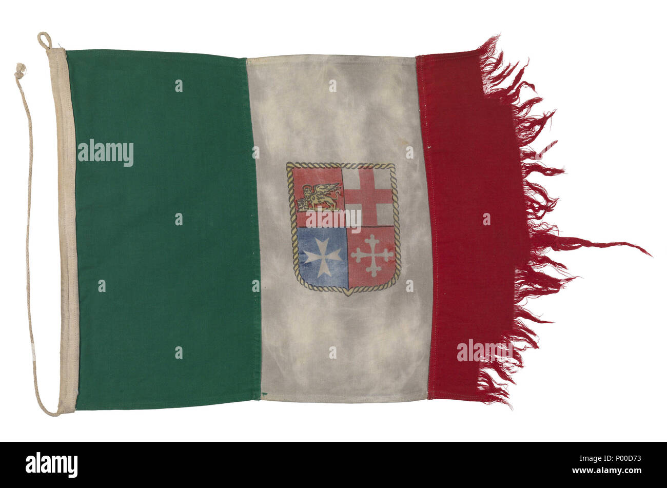 English: Italian merchant ensign (after 1946) Italian merchant ensign, after 1946 pattern, from the hydrofoil 'Freccia del Vesuvio'. The flag made of cotton bunting, machine sewn with a
