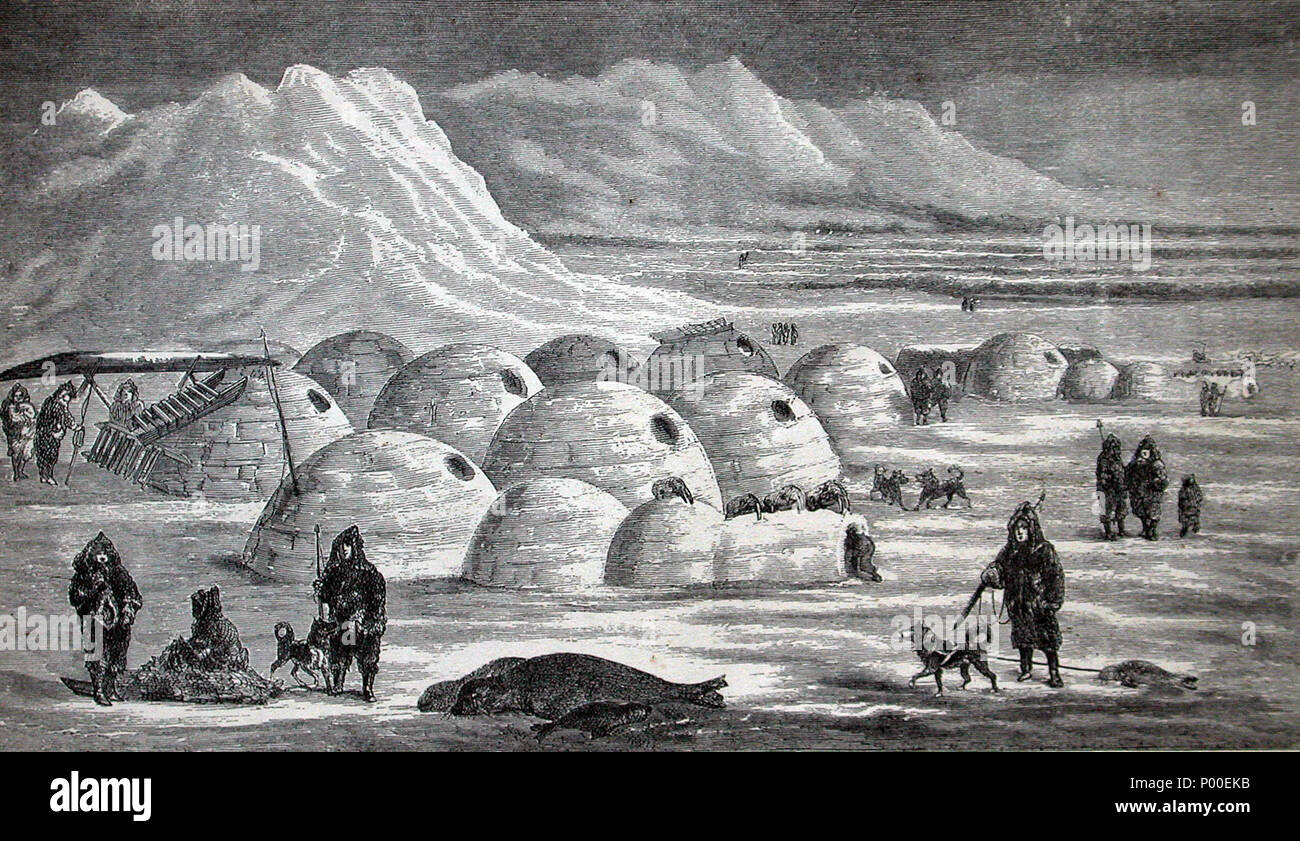 . Photograph of a book illustration of an Inuit village, Oopungnewing, near Frobisher Bay on Baffin Island in the mid-19th century.  . circa 1865 (photograph taken March 1, 2008). Drawn by unknown artist based on sketches by C.F. Hall and photographed from the book by User:Finetooth 2 Igloos Stock Photo