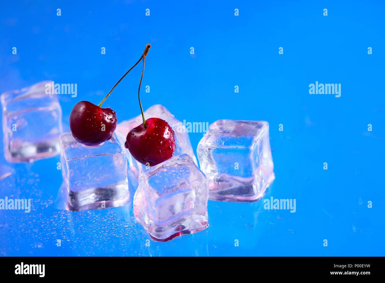 Fresh cherries on a stack of ice cubes closeup on a bright blue