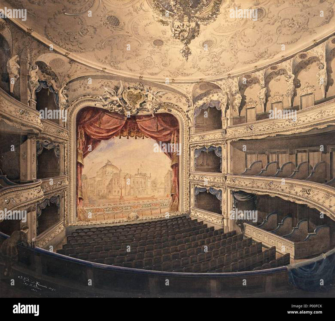 . Lessingtheater Berlin, Innenansicht, als Kulisse eine Außenansicht des Theaters; Aquarell, Deckweiß und Feder, 1888; von Hans Krause (* 1864; † unknown, fl. –1918 (?))  . 1888. Hans Krause 64 Lessingtheater Innenansicht Stock Photo