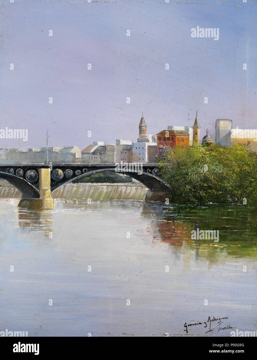 . Brücke in Sevilla. Öl auf Holz. 25,3 x 19,4 cm. Rechts unten signiert und ortsbezeichnet 'Sevilla'.  . by 1925 68 Manuel Garcia y Rodriguez Bridge in Sevilla Stock Photo