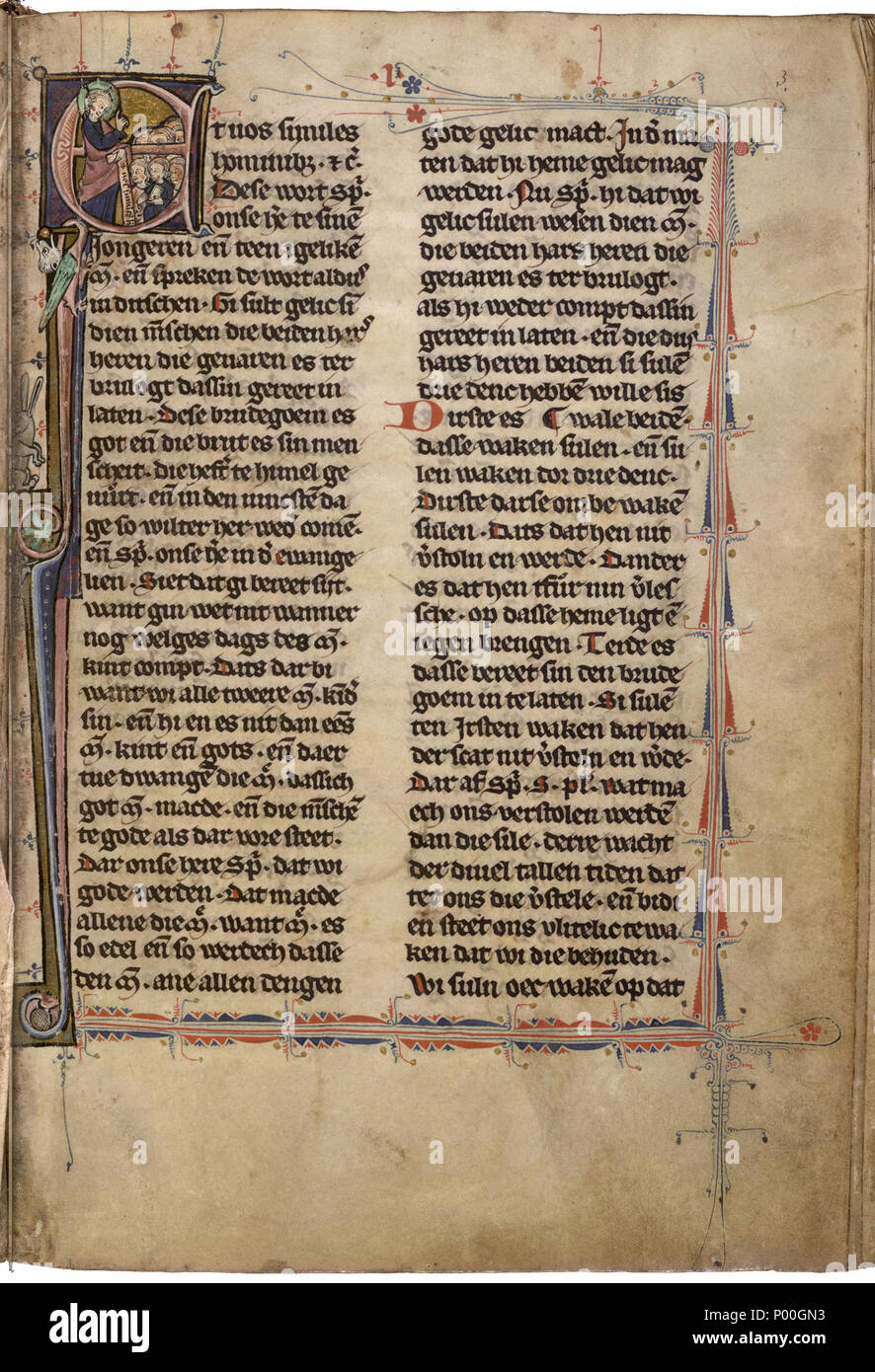 . English: A page from a manuscript of around 1300 of the Limburg Sermons and an Easter Play, copied by the Monastery of St Andrew in Maastricht, the Netherlands. Now in the collection of the Koninklijke Bibliotheek, The Hague (KB ms. 70 E 5).  . 25 June 2008, 17:50:48. Unknown scribe from Maastricht, ca 1300 14 Limburgse Sermoenen, St-Andriesklooster, ca 1300 (KB 70 E 5) - 1 Stock Photo