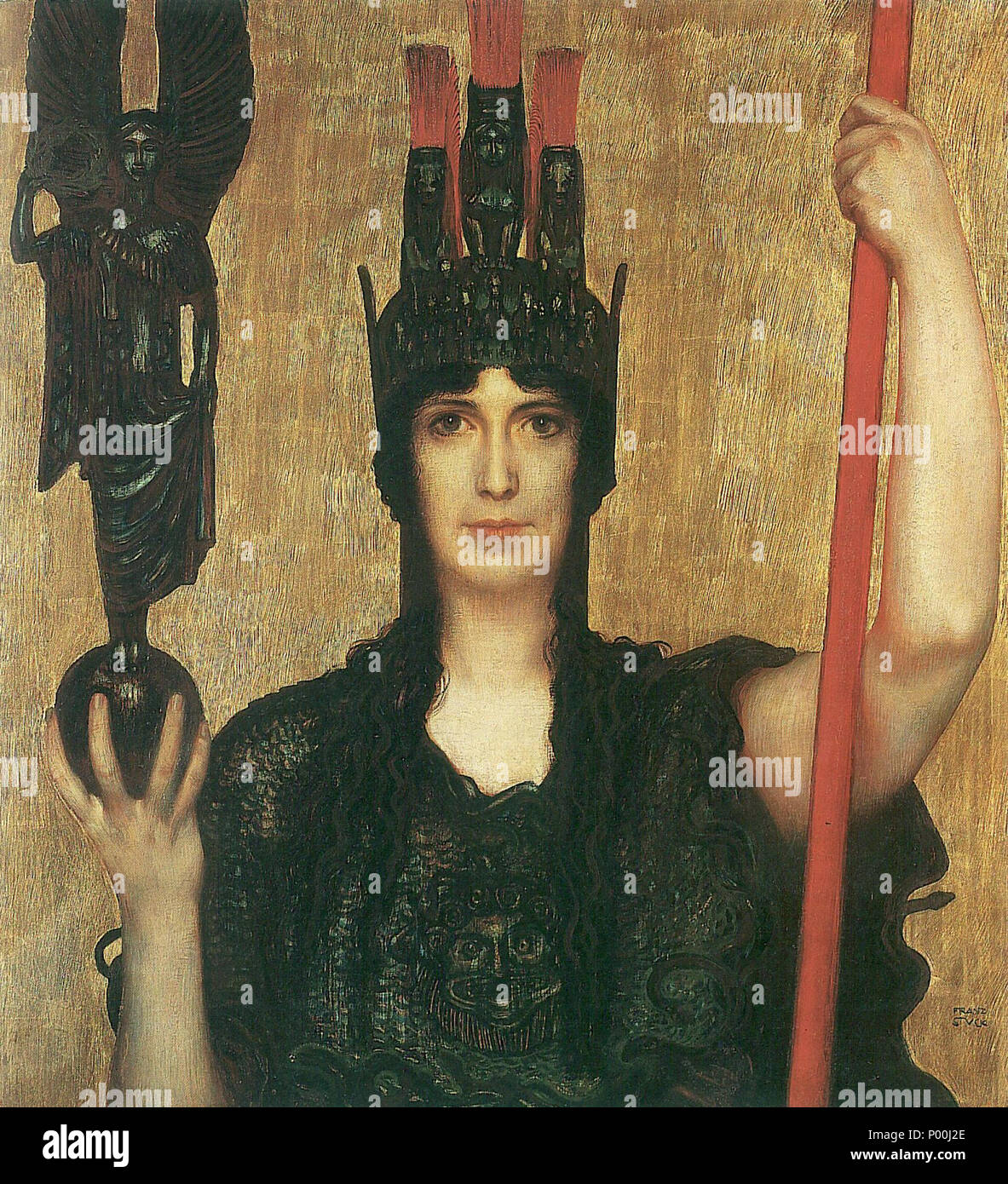 .  English: Pallas Athena  . 1898.    Franz Stuck  (1863–1928)     Alternative names Franz Stuck  Description German painter and sculptor  Date of birth/death 23 February 1863 30 August 1928  Location of birth/death Tettenweis bei Burghausen (Niederbayern) Munich  Work location Munich  Authority control  : Q45006 VIAF:?52482379 ISNI:?0000 0000 8131 698X ULAN:?500006652 LCCN:?n82050633 NLA:?35790933 WorldCat 79 Pallas Athena - Franz von Stuck (1898) Stock Photo