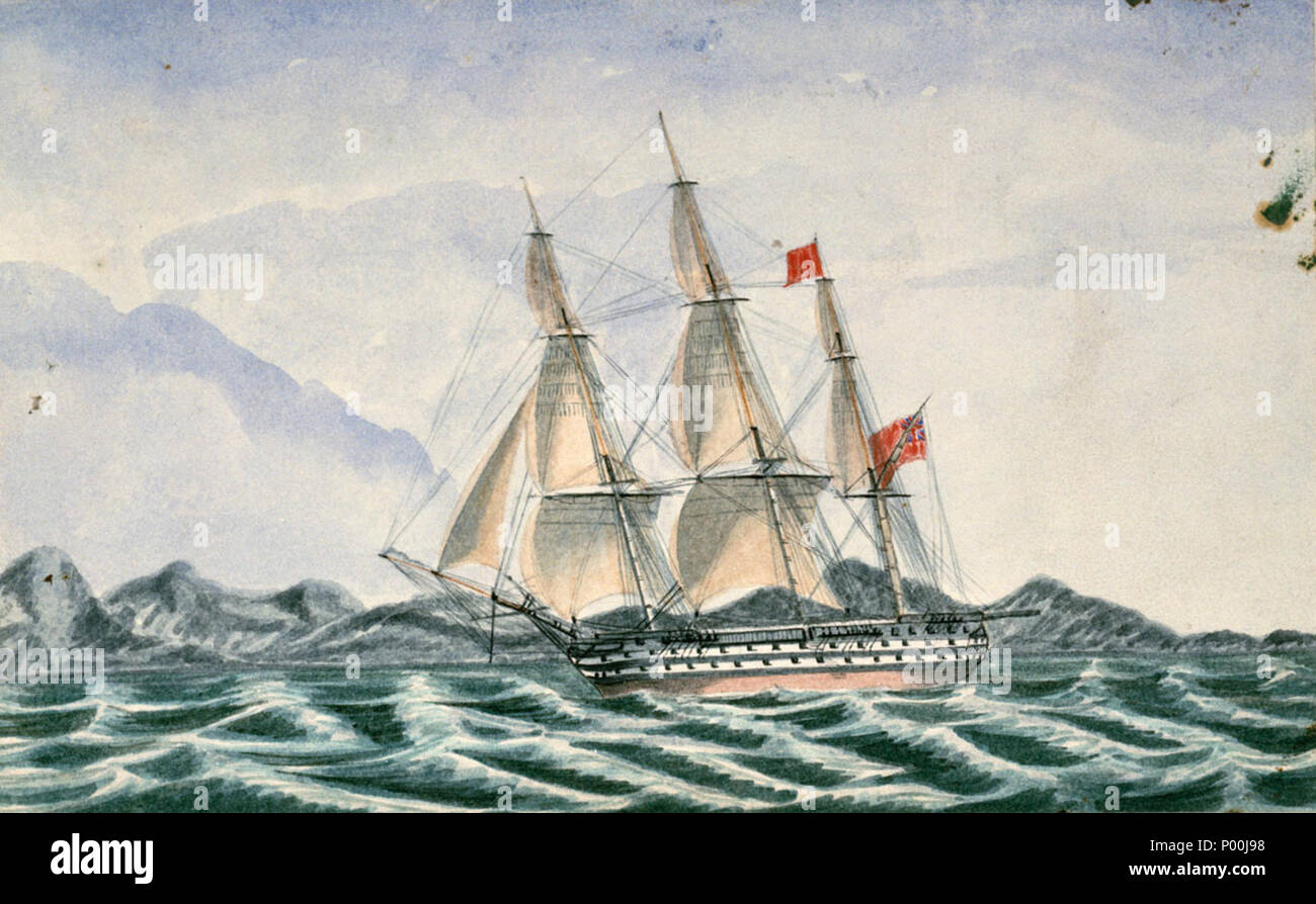 . Watercolour of HMS Wellesley, a three-masted, 74-gun ship of the line sailing along a rocky coastline before a good wind. Hills or mountains partially obscured by cloud are shown in the far distance. Wellesley is carrying the red ensign and flies a single red flag from the top of the mizzen mast indicating readiness for action.  . circa 1841. Unknown 48 HMS Wellesly (1815) Stock Photo