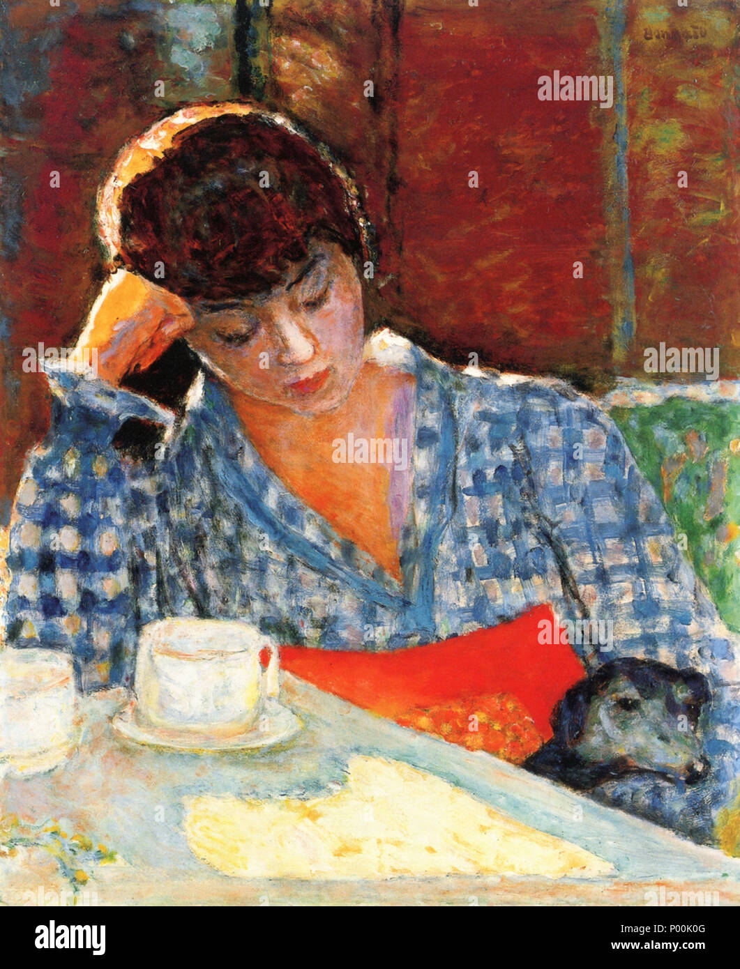 Русский: Painting by Pierre Bonnard . before 1947. Pierre Bonnard 83 Pierre  Bonnard Woman Leaning with Dog and Still Life 1917 Stock Photo - Alamy