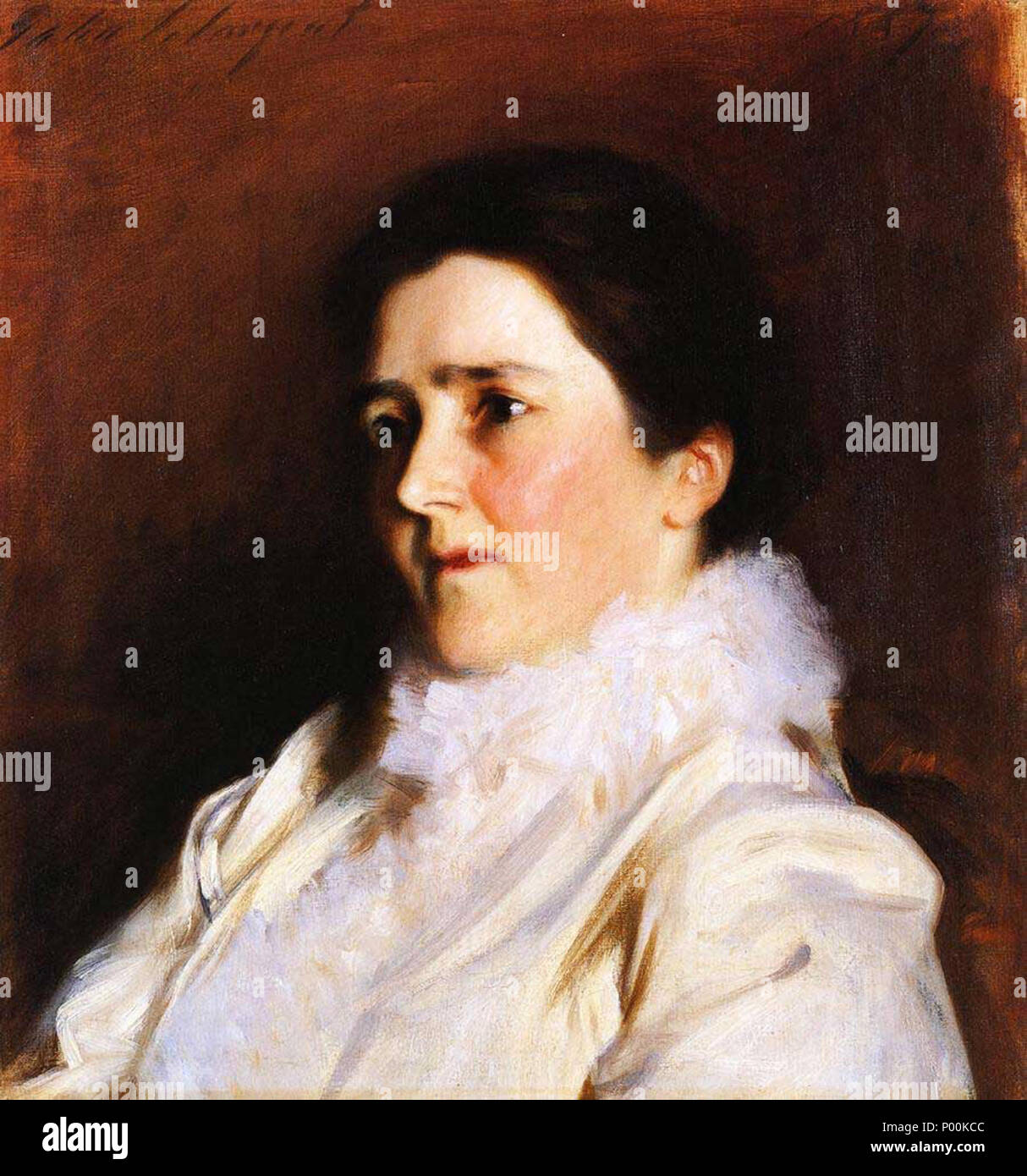 . English: Portrait of Elizabeth Nelson Fairchild John Singer Sargent -- American painter 1887 Brunswick College Museum of Art, ME Oil on canvas 49.69 x 46.36 cm (19 9/16 x 18 1/4 in.) Museum Purchase, George Otis Hamlin Fund and Friends of the College Fund assession # 1985.40 Jpg: the-athenaeum  . 1887. John Singer Sargent (January 12, 1856 – April 14, 1925) 85 Portrait of Elizabeth Nelson Fairchild Stock Photo